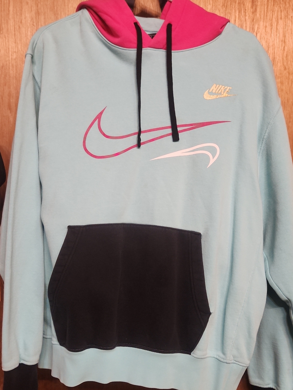 Nike Men’s Light Blue Crewneck Hoodie with Pink Hood and Black Pocket